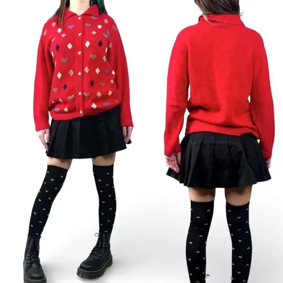 Vintage Twee Hearts Diamonds Wonderland Red Cardigan Sweater Sz Small - Picture 2 of 12